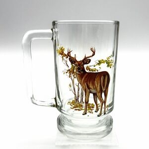 2 Vintage Heavy Glass Beer Mugs Whitetail Deer Buck Man Cave 16oz